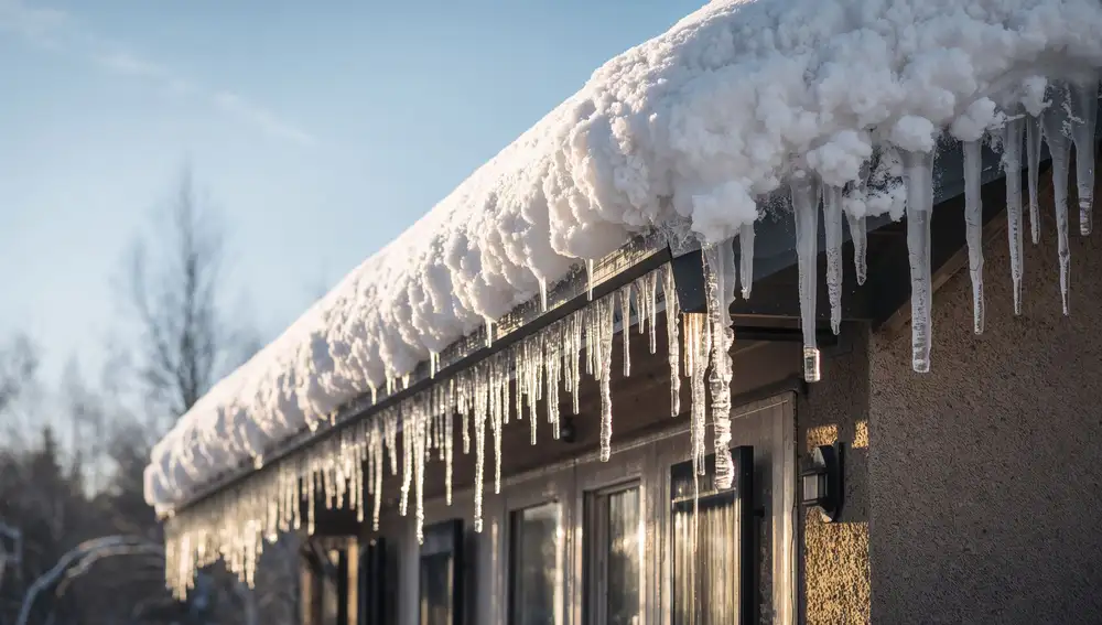 Icicles and ice buildup along an eavestrough in winter